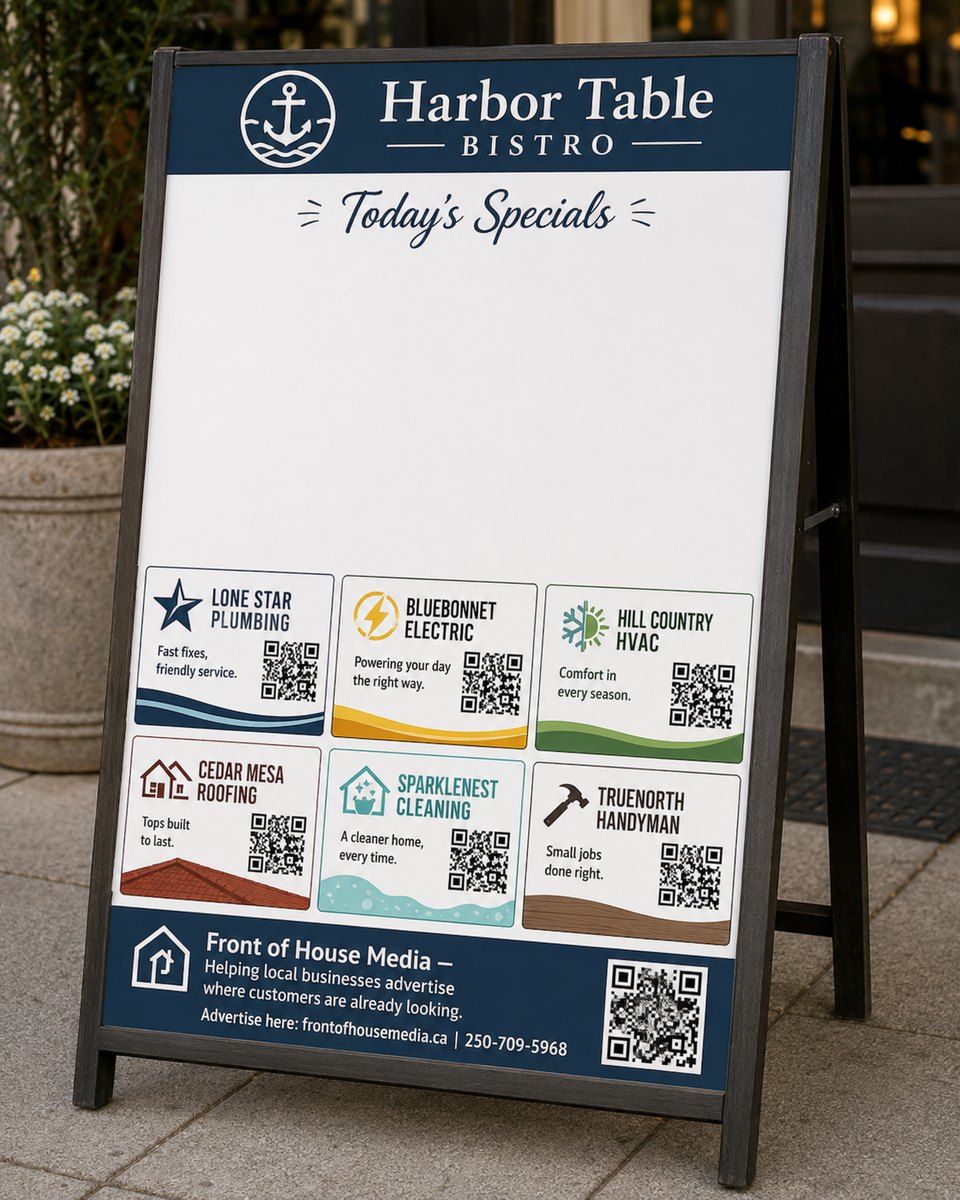 An A-frame specials board outside a bistro. The upper two thirds is blank dry-erase space headed Today's Specials. Along the bottom sit six printed ads from local trades, above a footer reading: Front of House Media, helping local businesses advertise where customers are already looking.